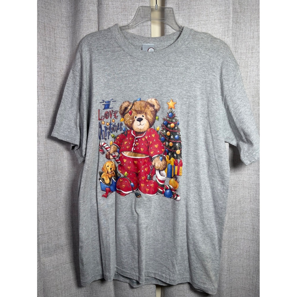Vintage Style Christmas Teddy Bear Puppy Graphic T-Shirt Gray Medium